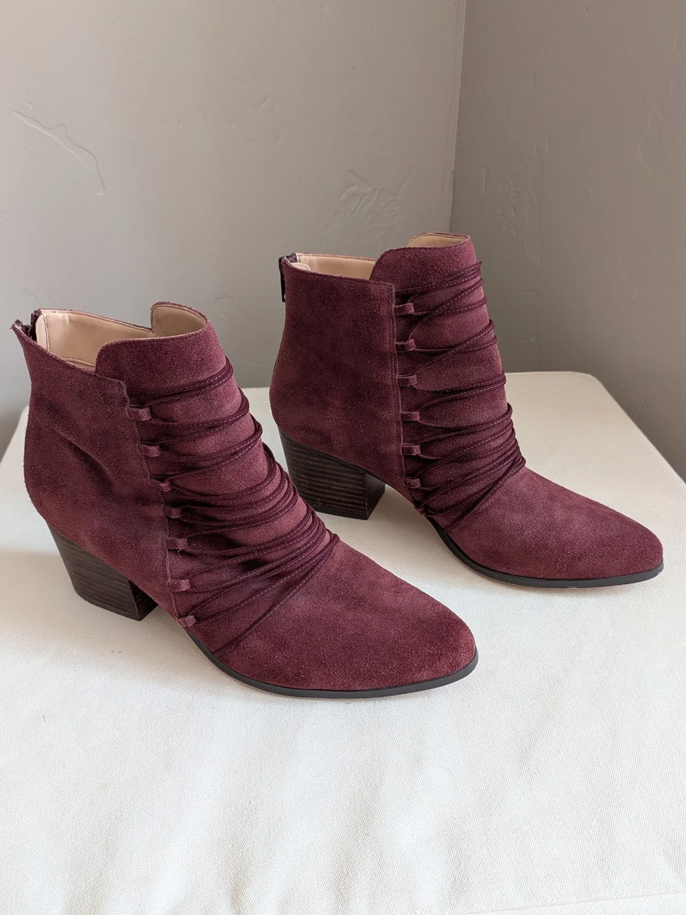 Sole Society Burgundy Cow Suede Lace-Wrap Ankle Boots Size 9